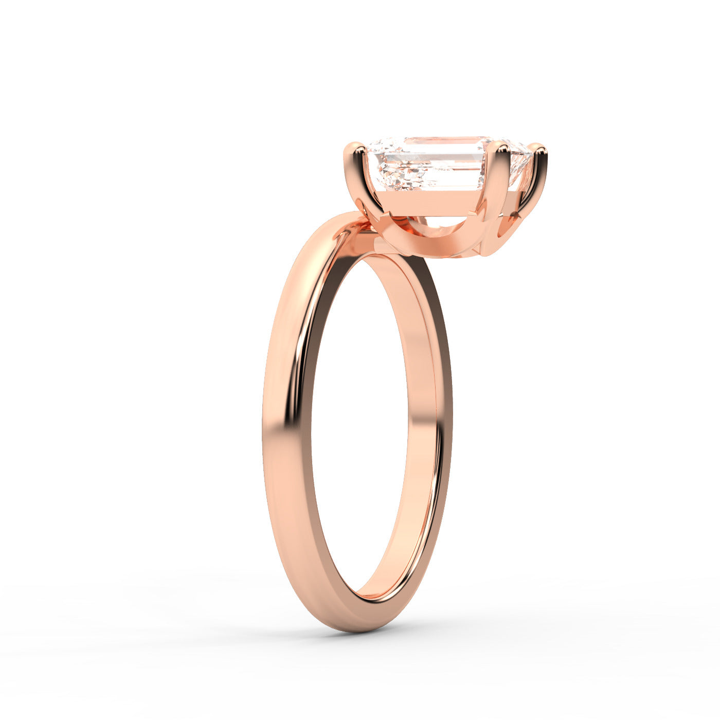 Emerald Cut Lab Grown Diamond Solitaire Engagement Ring in warm Rose Gold setting.