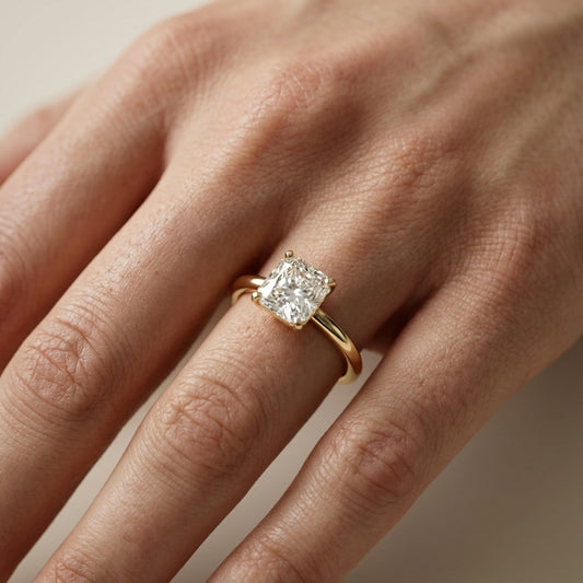 Asscher Cut Lab Grown Diamond Engagement Ring in Yellow Gold with cathedral setting