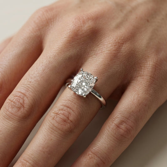 Platinum Cushion Cut Lab Grown Diamond Solitaire Engagement Ring with Floral Details