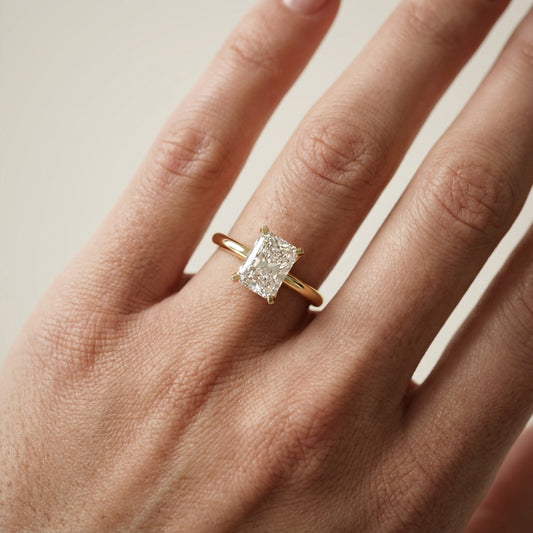 Radiant Cut Lab Grown Diamond Solitaire Engagement Ring in Yellow Gold with Cathedral Setting