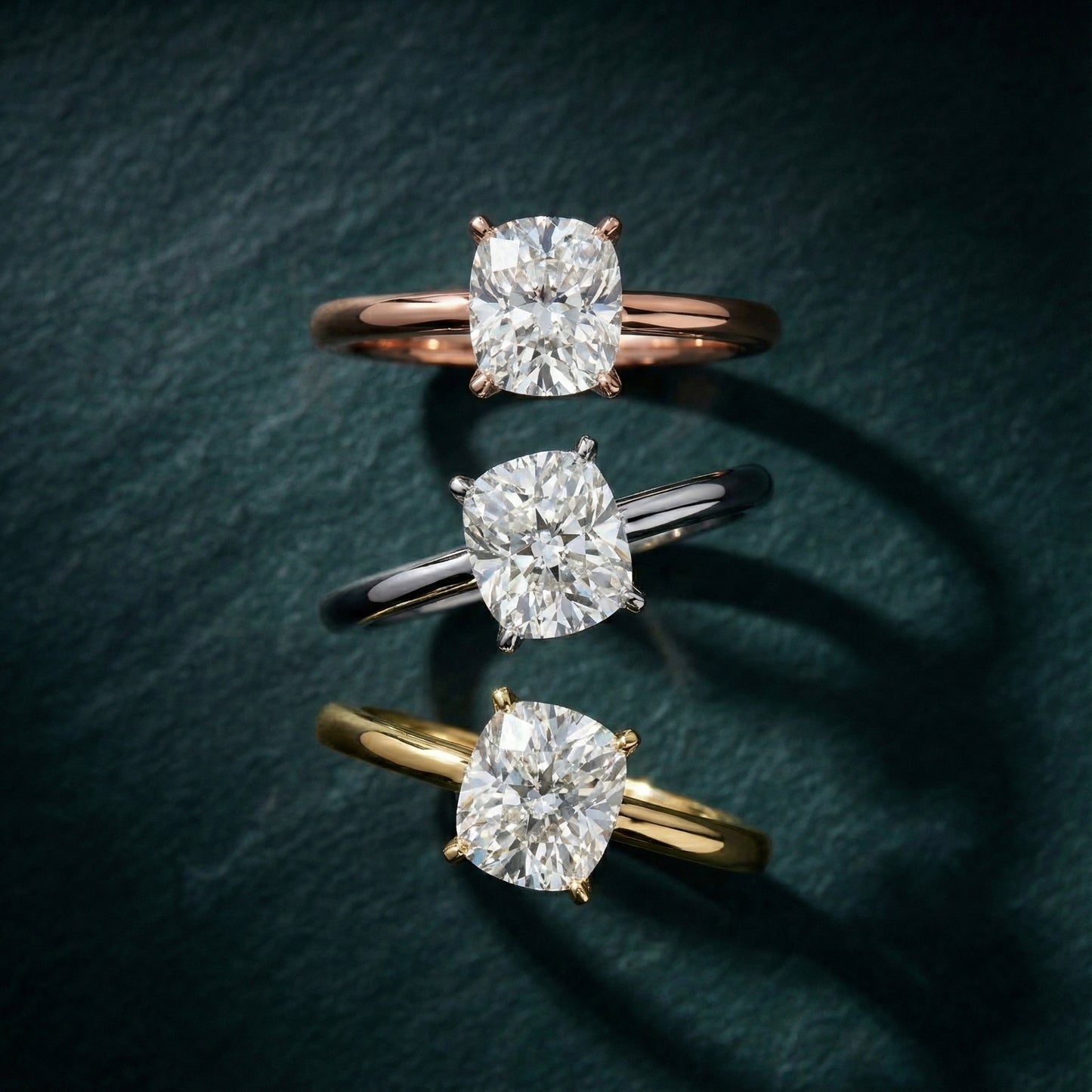 Rose Gold Cushion Cut Lab Grown Diamond Solitaire Engagement Ring with Cathedral Setting