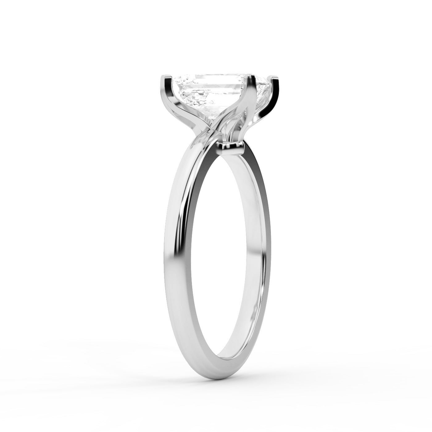 Emerald Cut Lab Grown Diamond Solitaire Engagement Ring in Platinum showing four-prong setting