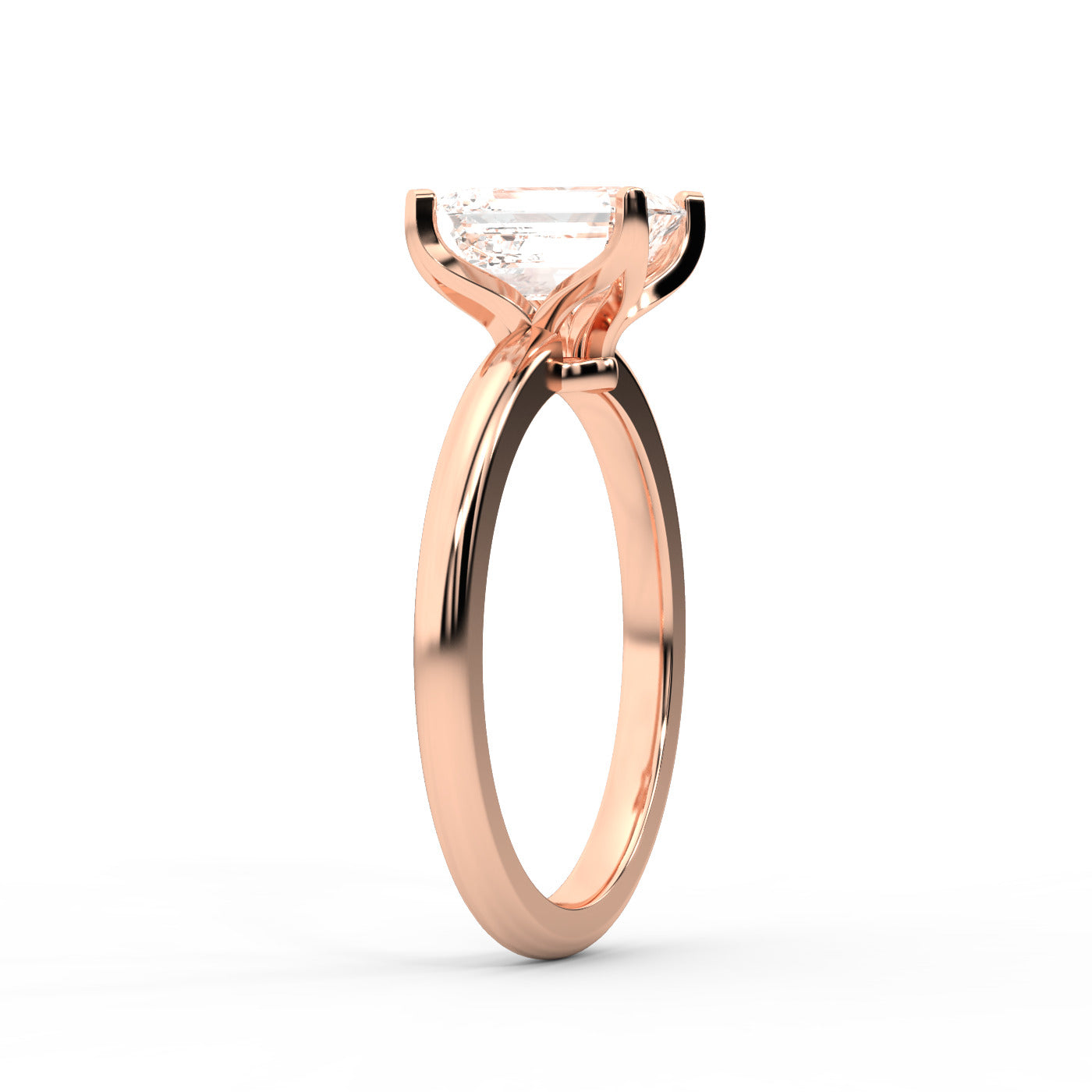 Emerald Cut Lab Grown Diamond Solitaire Engagement Ring in Rose Gold showing side profile and bridge
