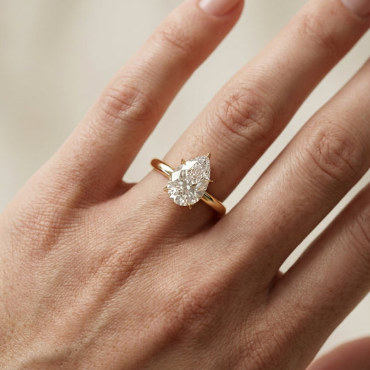 Pear Cut Lab Grown Diamond Engagement Ring in Yellow Gold with six prongs