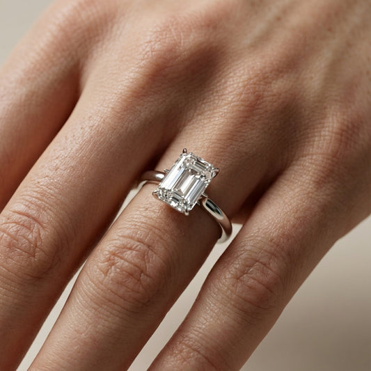 Emerald Cut Lab Grown Diamond Solitaire Engagement Ring with Floral Basket in Silver