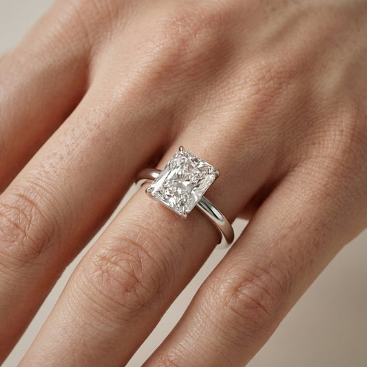 Radiant Cut Lab Grown Diamond Solitaire Engagement Ring in Silver showing floral basket setting
