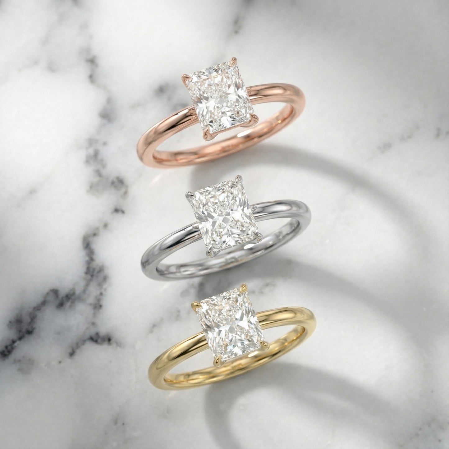 Radiant Cut Lab Grown Diamond Solitaire Engagement Ring in Rose Gold showing side profile