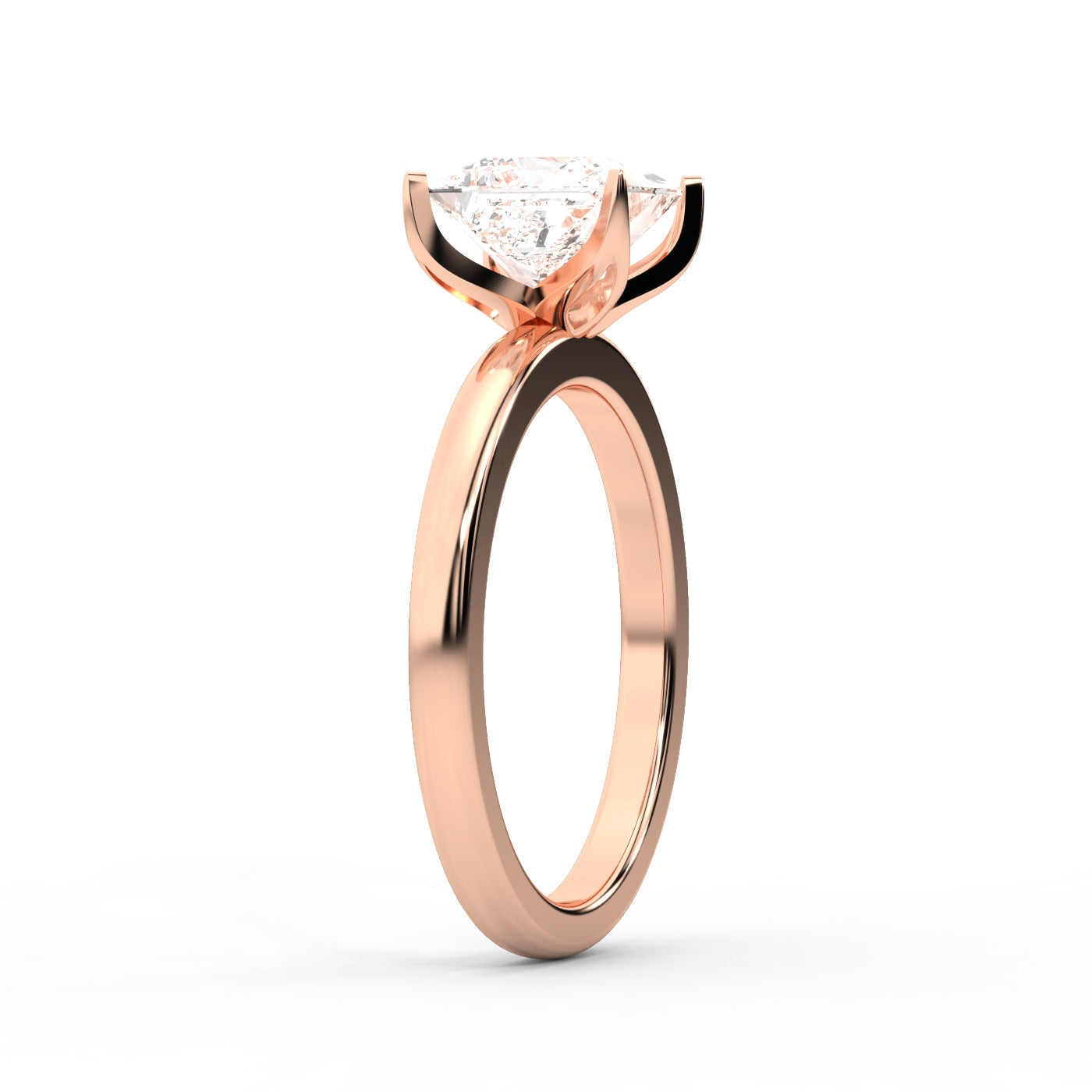 Princess Cut Lab Grown Diamond Solitaire Engagement Ring in Rose Gold showing side profile and unique setting.