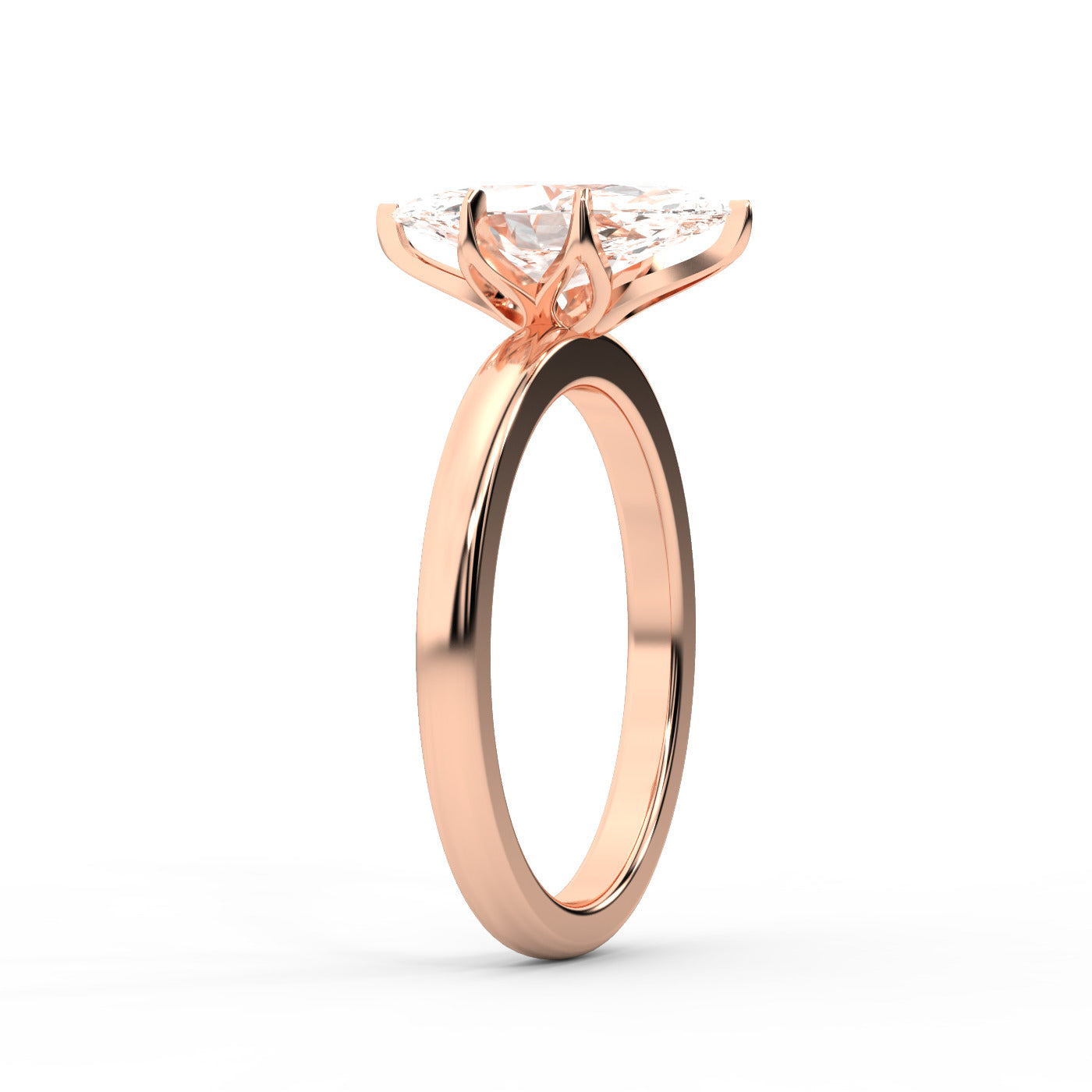 Marquise cut lab grown diamond solitaire engagement ring in rose gold showing cathedral setting and floral prongs.