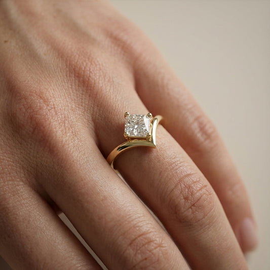 Asscher Cut Lab Grown Diamond Chevron Solitaire Engagement Ring in Yellow Gold