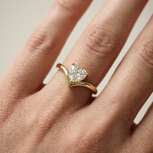 Evelyn Chevron Solitaire Ring featuring a Heart Cut Lab Grown Diamond in Yellow Gold