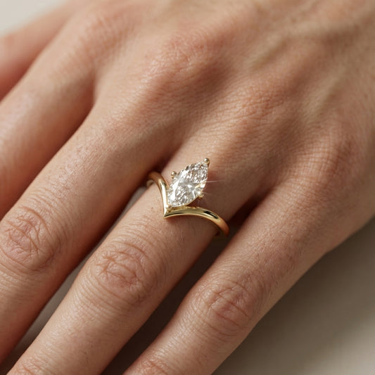 Marquise Cut Lab Grown Diamond Chevron Engagement Ring in Yellow Gold