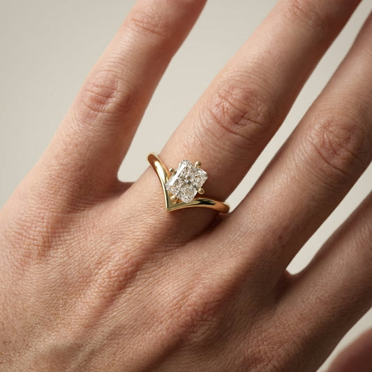 Radiant Cut Lab Grown Diamond Chevron Solitaire Engagement Ring in Yellow Gold