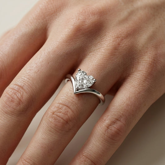 Evelyn Chevron Solitaire Ring featuring a Heart Cut Lab Grown Diamond in Platinum