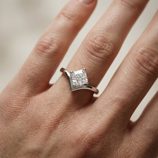 Asscher Cut Lab Grown Diamond Chevron Solitaire Engagement Ring in White Gold