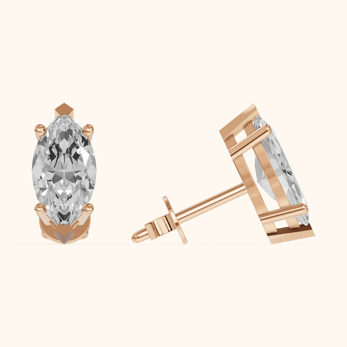 Four Prong Marquise Diamond Stud Earrings in Rose Gold - 3D view 3