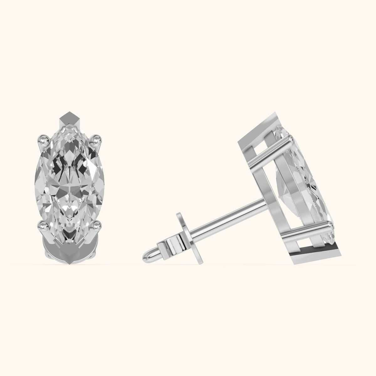Four Prong Marquise Diamond Stud Earrings in Platinum - 3D view 3
