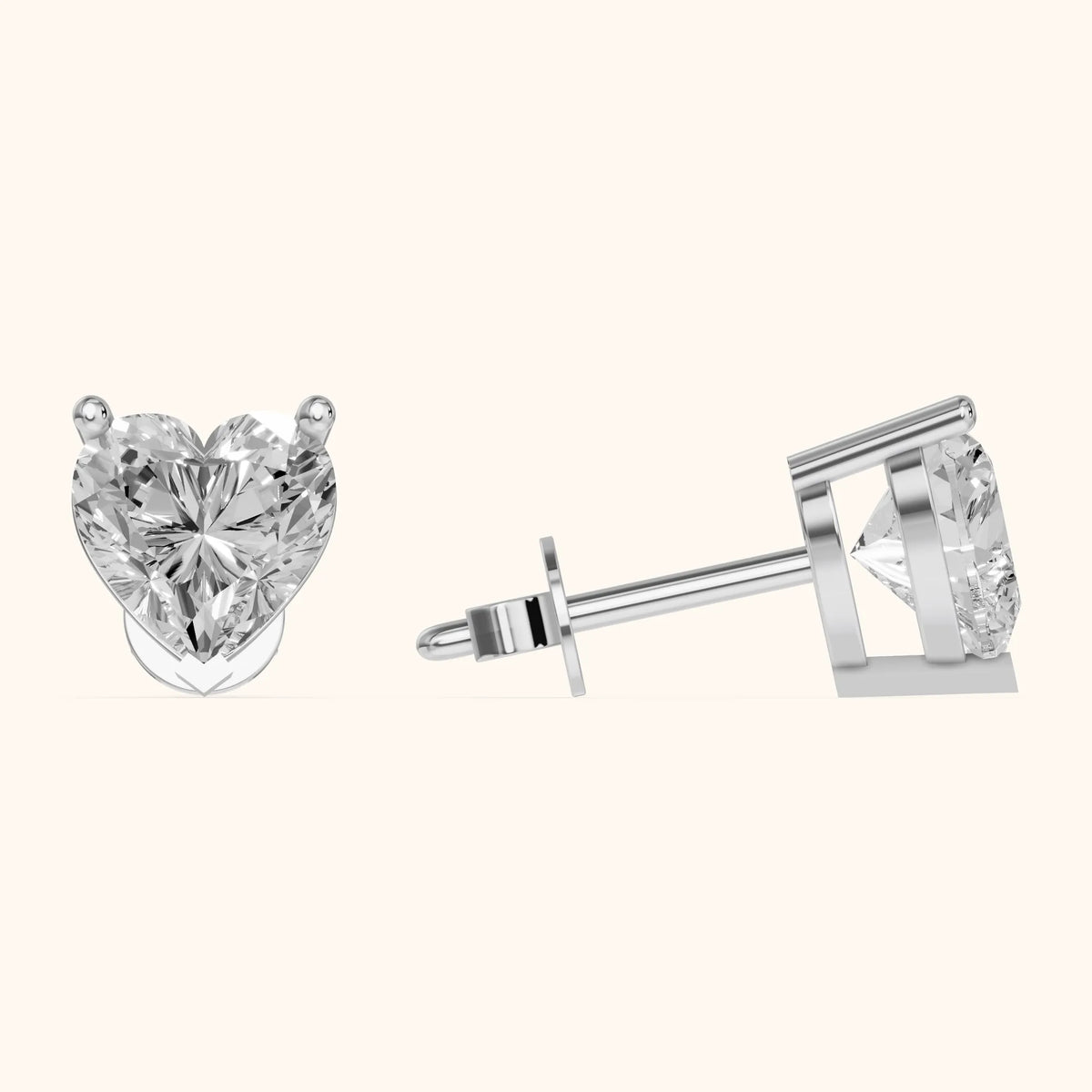 Four Prong Heart Diamond Stud Earrings in Silver - 3D view 3
