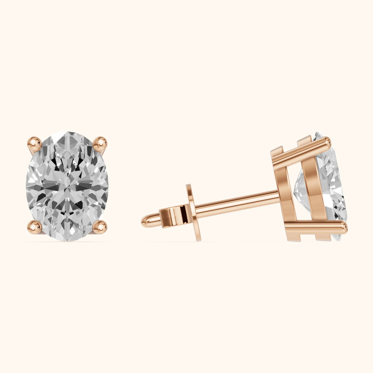 Four Prong Oval Diamond Stud Earrings in Rose Gold - 3D view 3