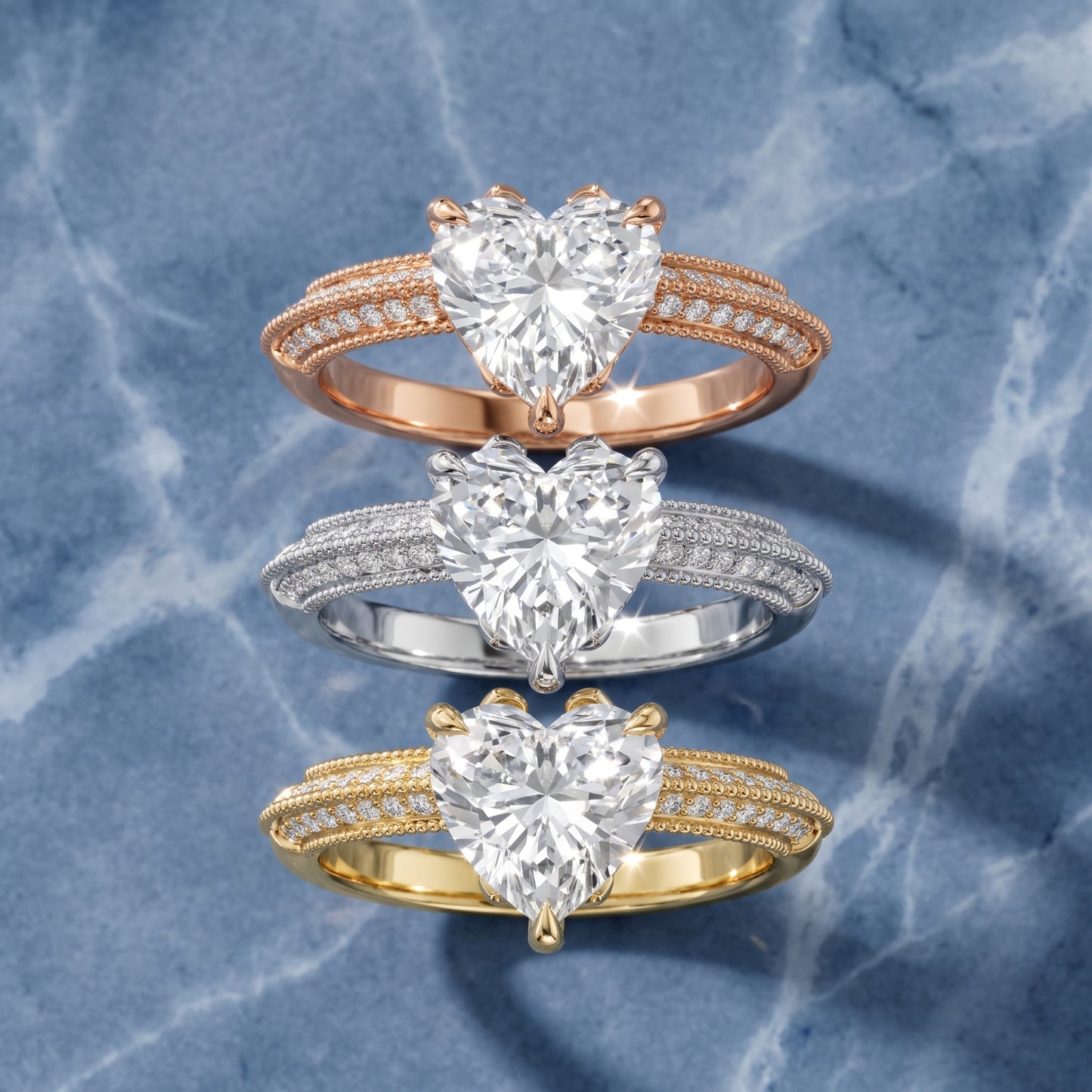 Indie Vintage Milgrain Heart Diamond Engagement Ring in Yellow Gold - 3rings.jpg