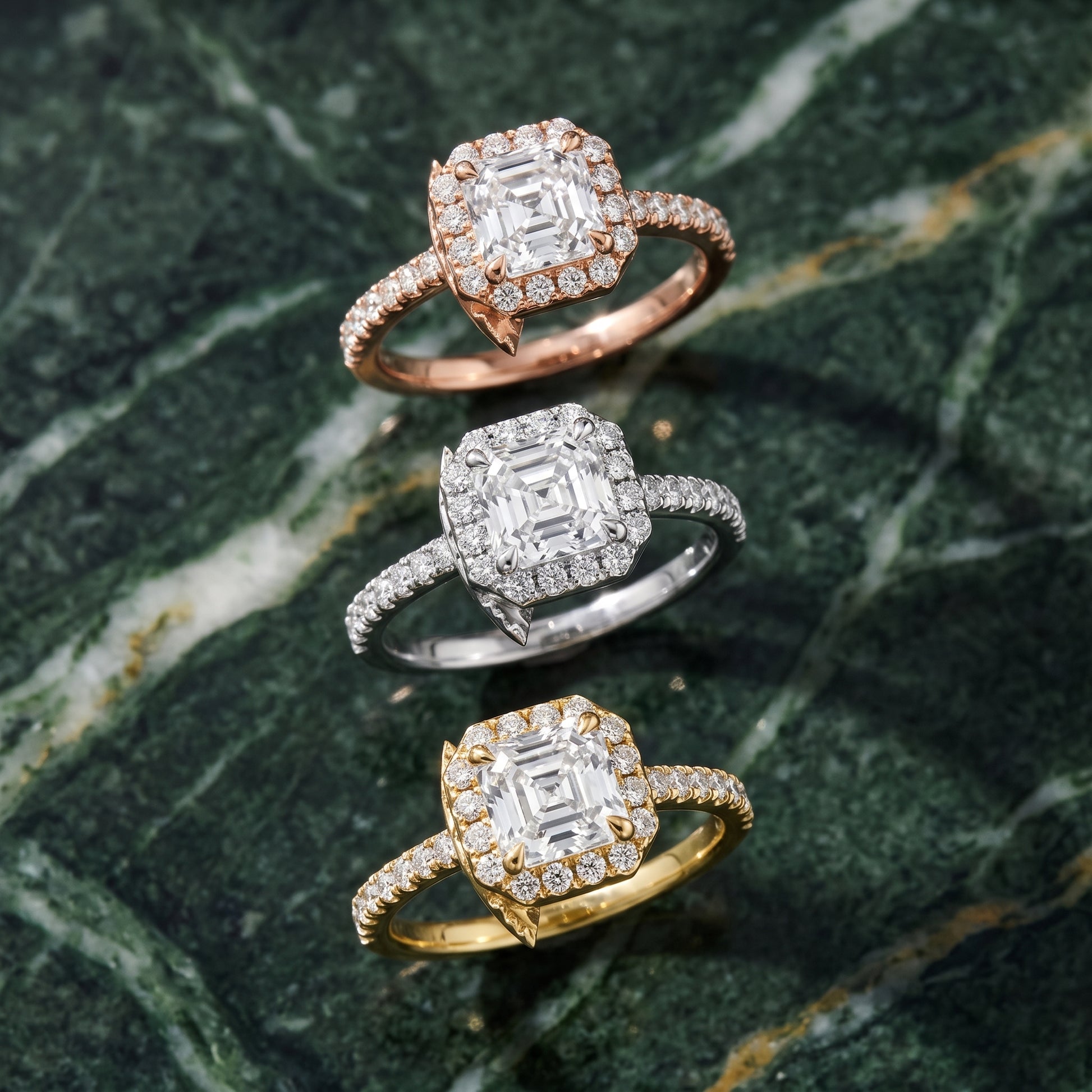 Amara Halo Claw Prong Asscher Diamond Ring in White Gold - 3rings.jpg
