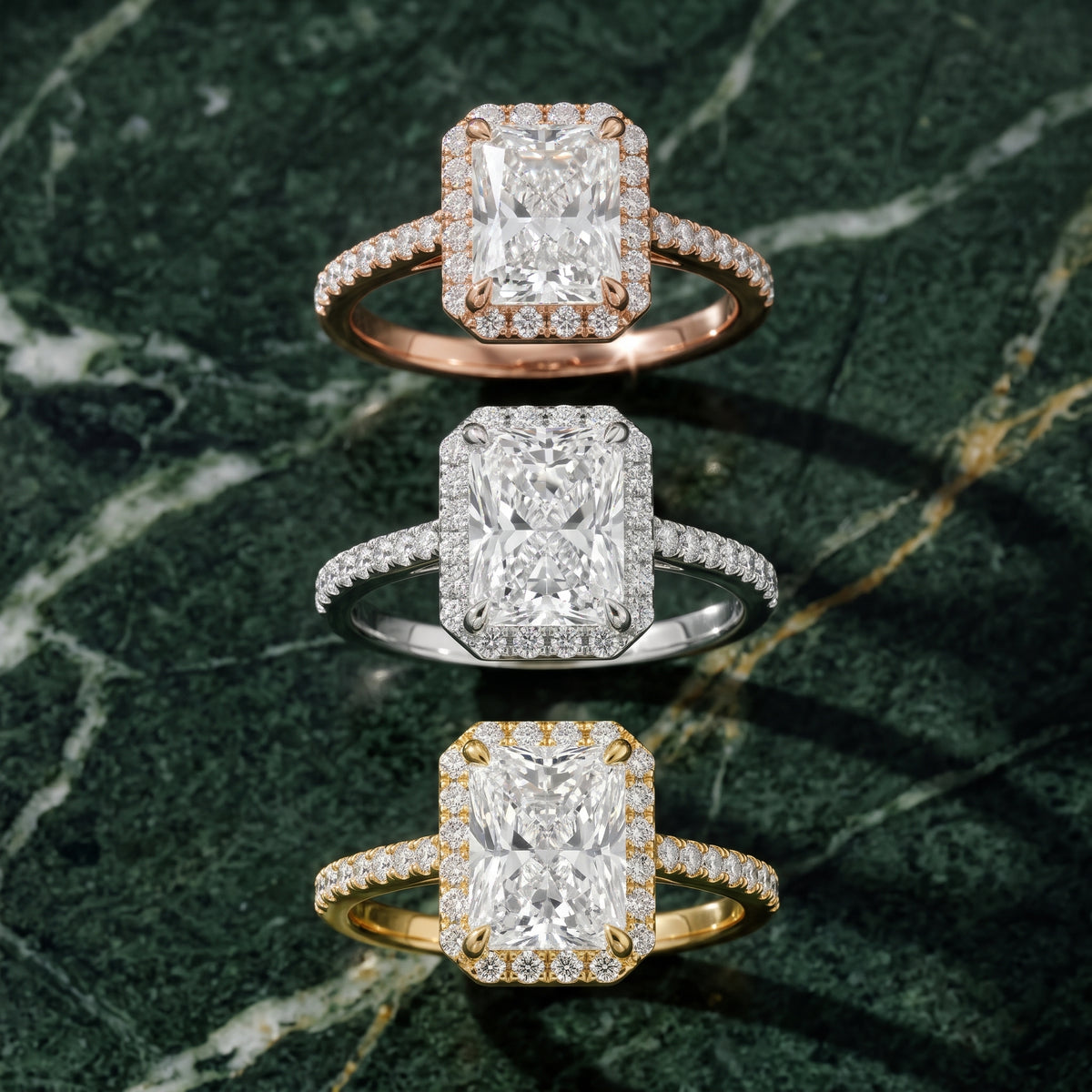 Alma Halo Pavé Radiant Diamond Engagement Ring in Rose Gold - 3rings.jpg