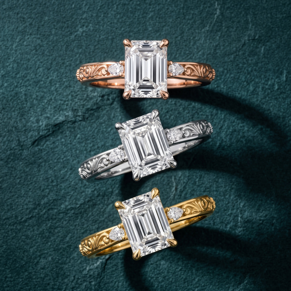 Siesta Three-Stone Engraved Emerald Diamond Engagement Ring in White Gold - 3rings.jpg
