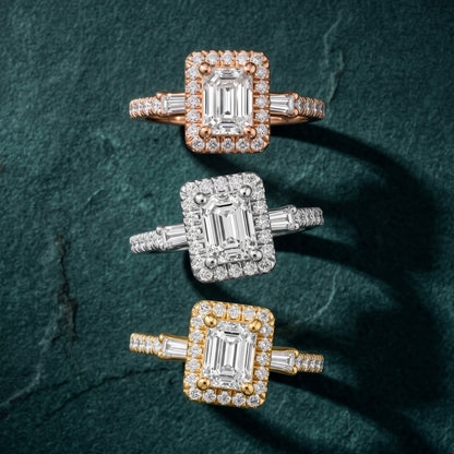 Provo Baguette Halo Emerald Diamond Engagement Ring in Platinum - 3rings.jpg