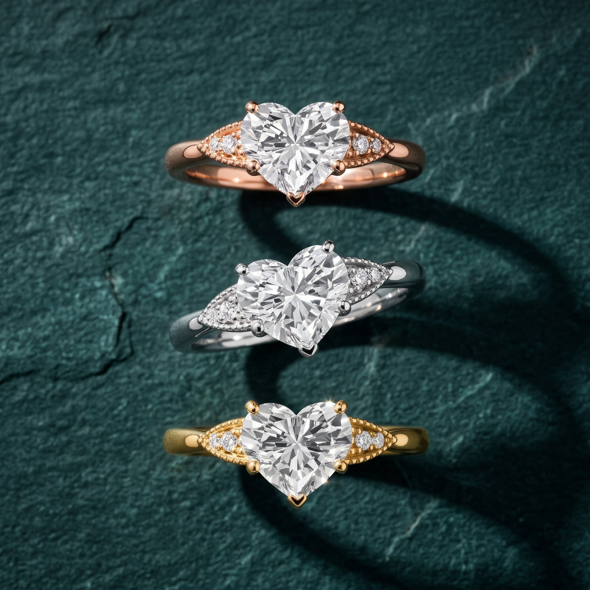 Adora Vintage Milgrain Heart Diamond Engagement Ring in Rose Gold - 3rings.jpg
