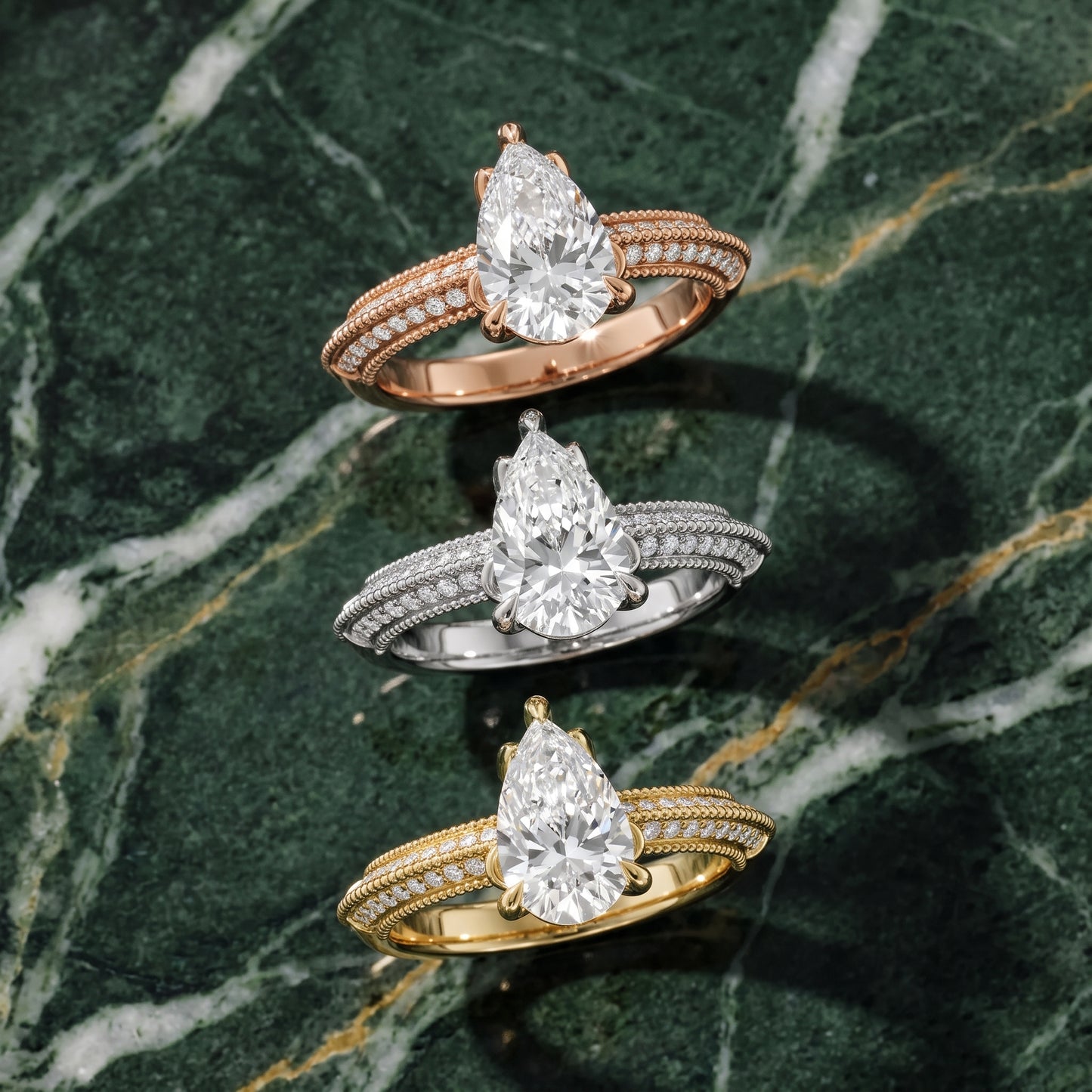 Indie Vintage Milgrain Pear Diamond Engagement Ring in Rose Gold - 3rings.jpg