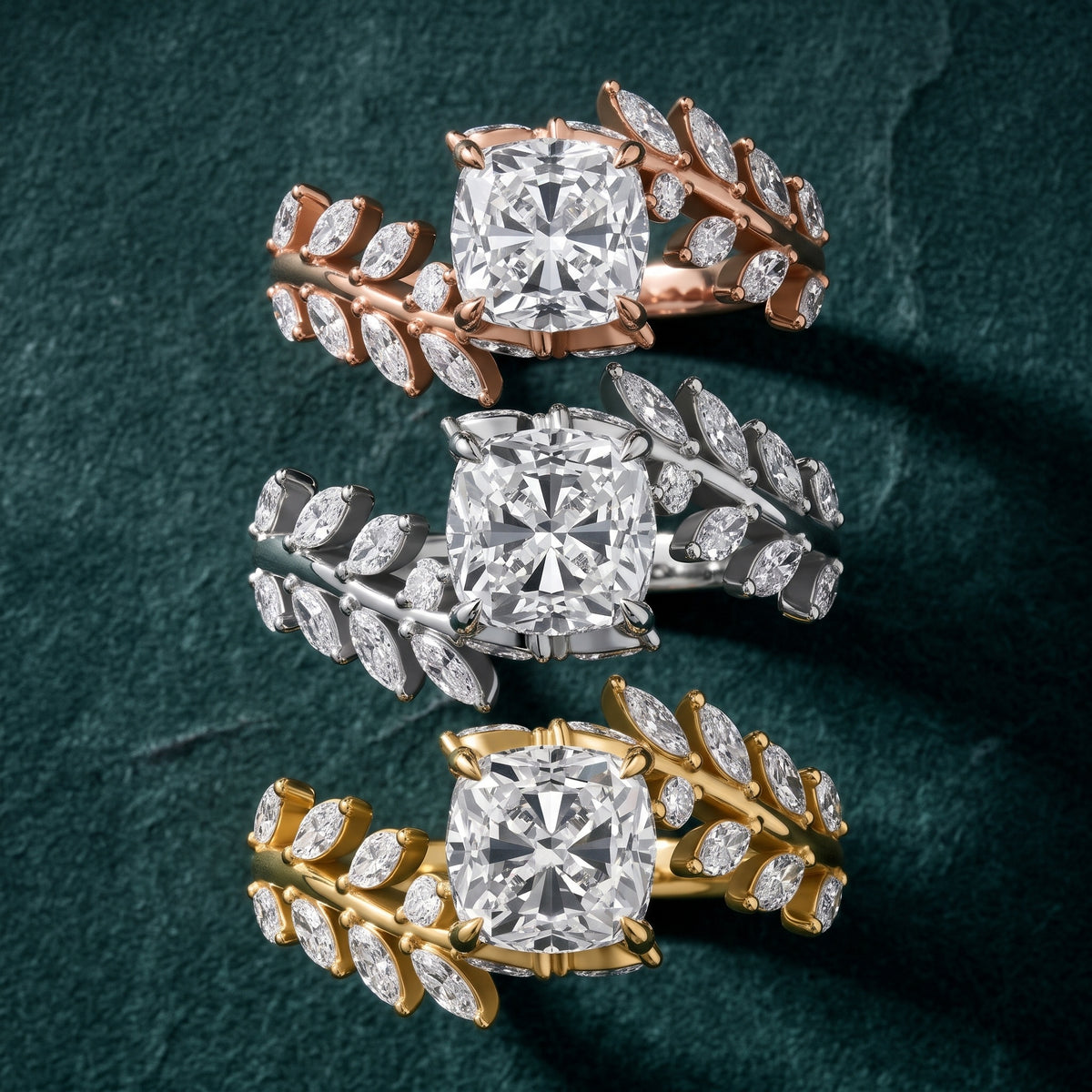 Clarion Leaf Bypass Cushion Diamond Engagement Ring in Yellow Gold - 3rings.jpg