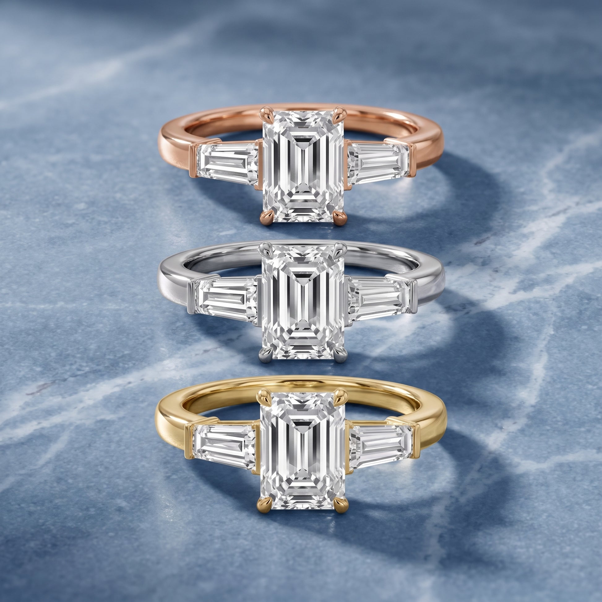 Zelda Tapered Baguette Emerald Diamond Engagement Ring in Rose Gold - 3rings.jpg