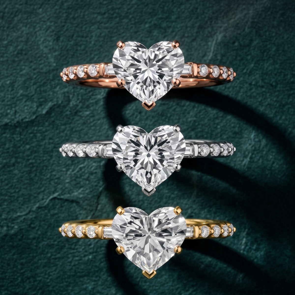 Taos Beaded Baguette Heart Diamond Engagement Ring in Rose Gold - 3rings.jpg