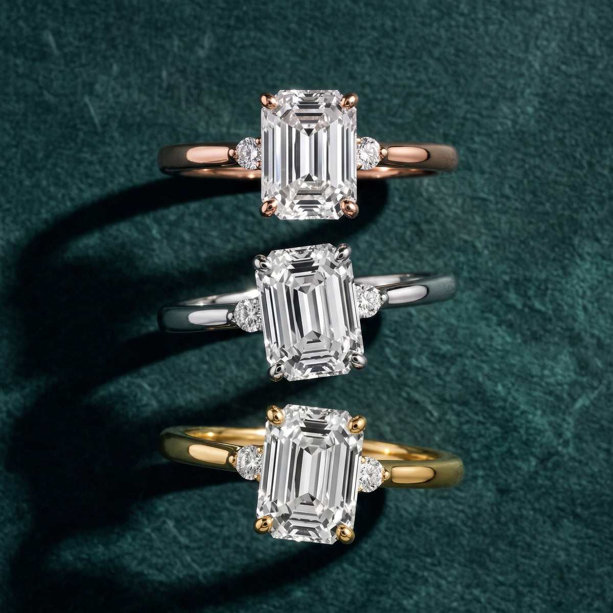 Teodora Floating Three-Stone Emerald Diamond Engagement Ring in Rose Gold - 3rings.jpg