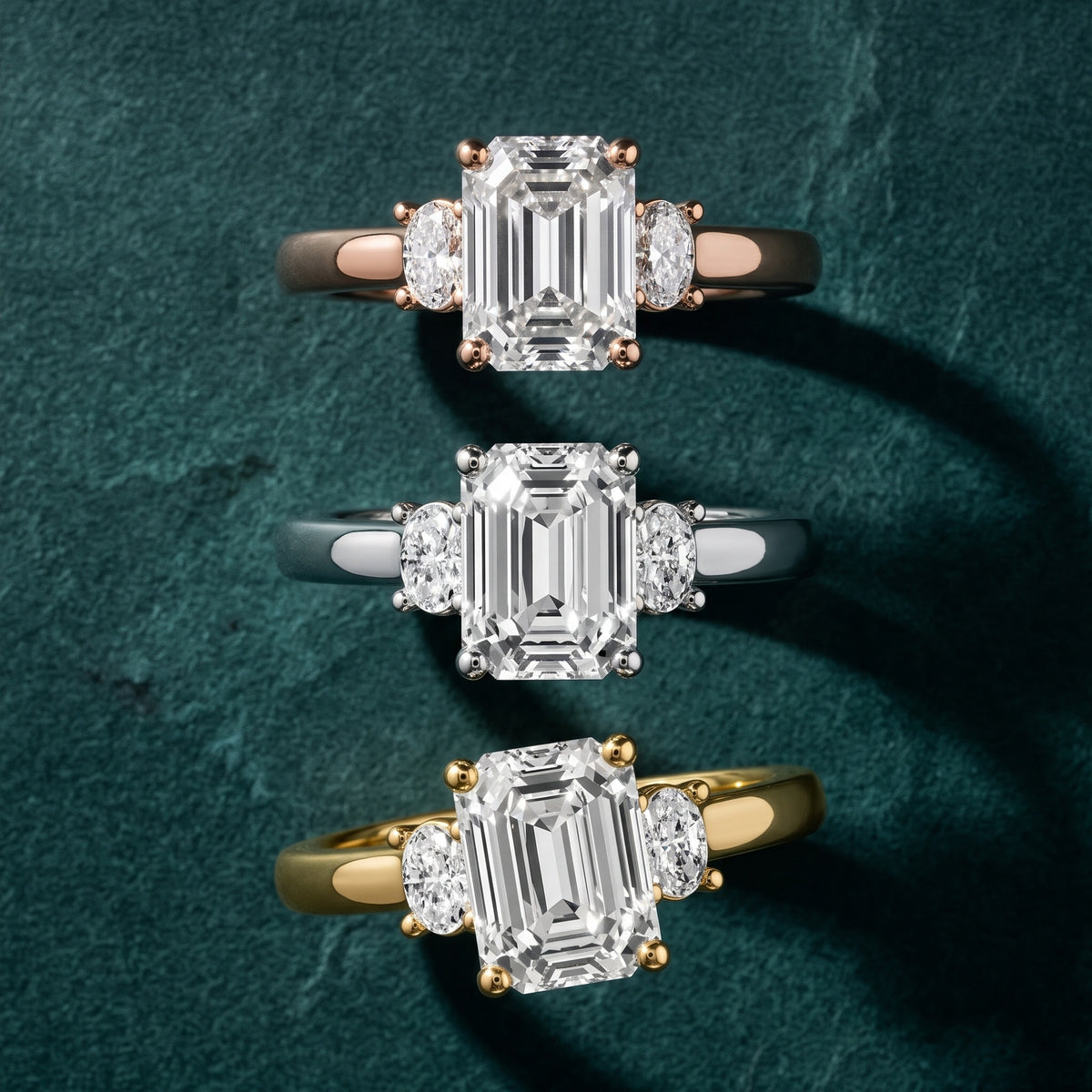 Alya Three-Stone Cathedral Emerald Diamond Engagement Ring in Rose Gold - 3rings.jpg