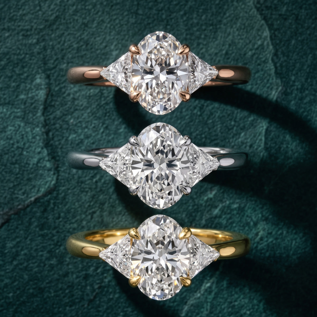 Clemency Three-Stone Cathedral Oval Diamond Engagement Ring in Rose Gold - 3rings.jpg