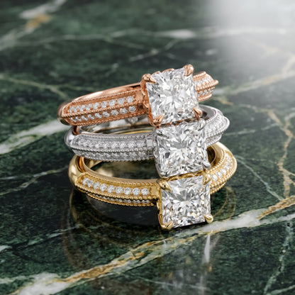 Indie Vintage Milgrain Radiant Diamond Engagement Ring in White Gold - 3rings.jpg