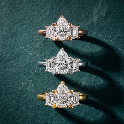 Filippa Trapezoid Three-Stone Pear Diamond Engagement Ring in Rose Gold - 3rings.jpg