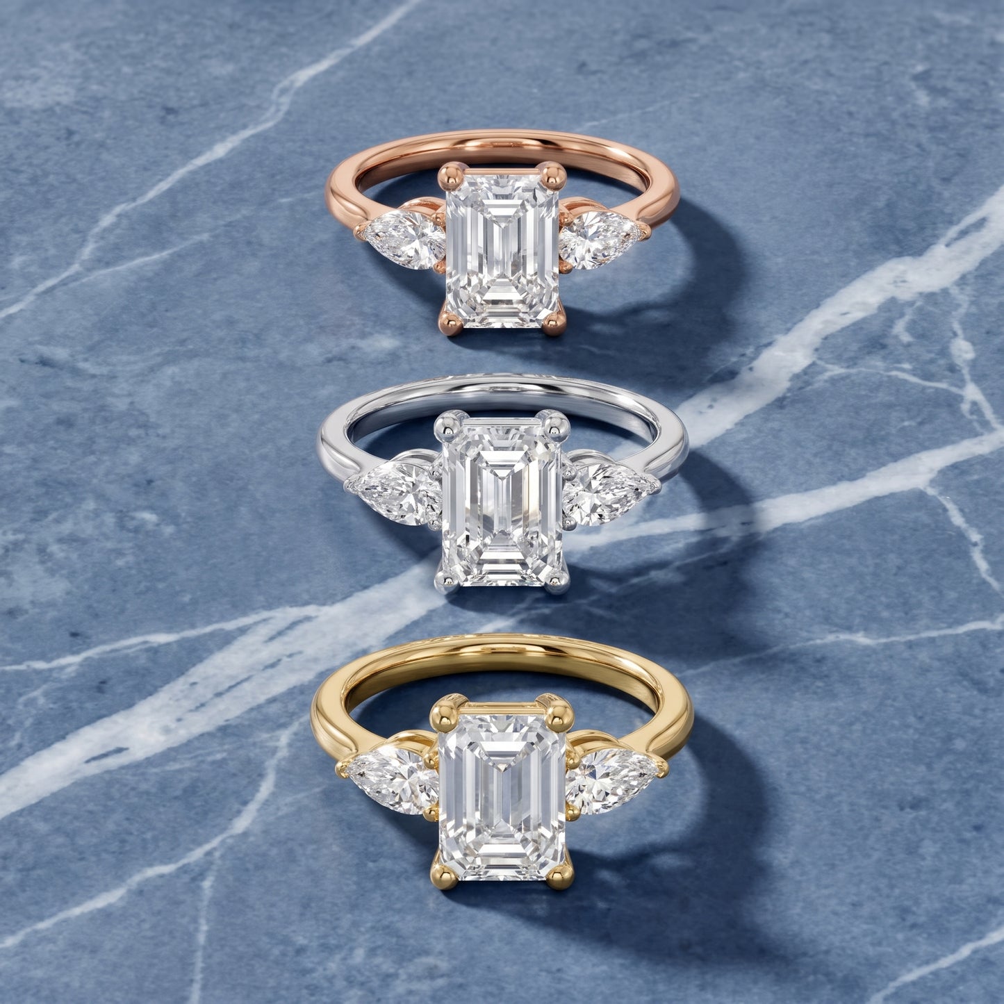 Faye Three-Stone Trellis Emerald Diamond Ring in Silver - 3rings.jpg