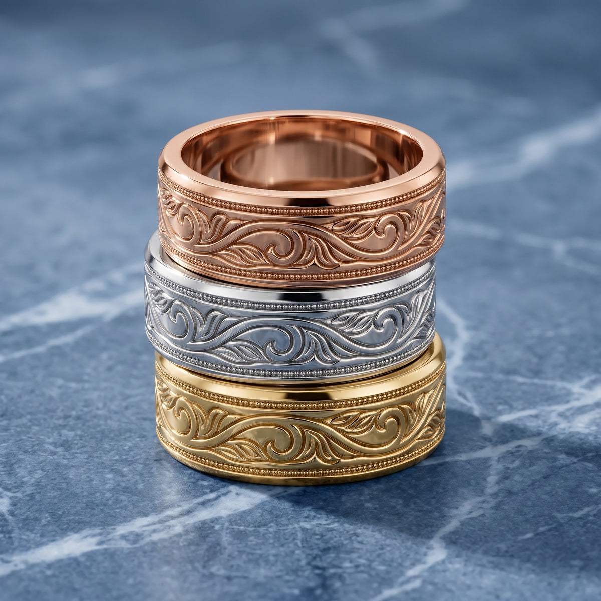 Navya Carved Milgrain Wedding Band in Rose Gold - 3rings.jpg