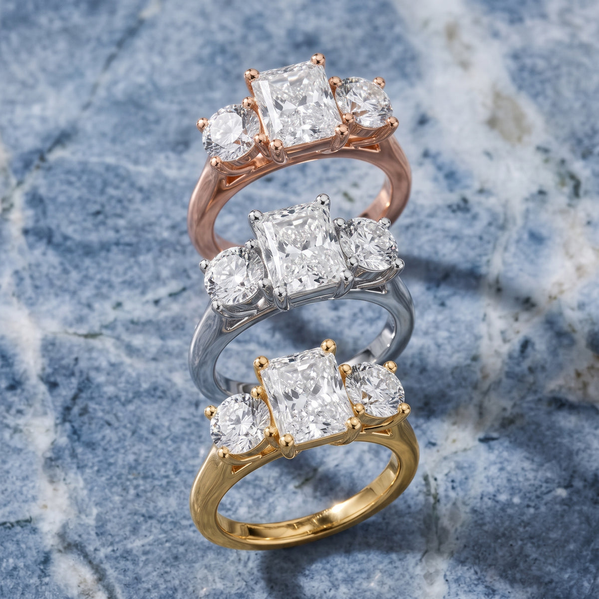 Callie Three-Stone Trellis Radiant Diamond Engagement Ring in Rose Gold - 3rings.jpg