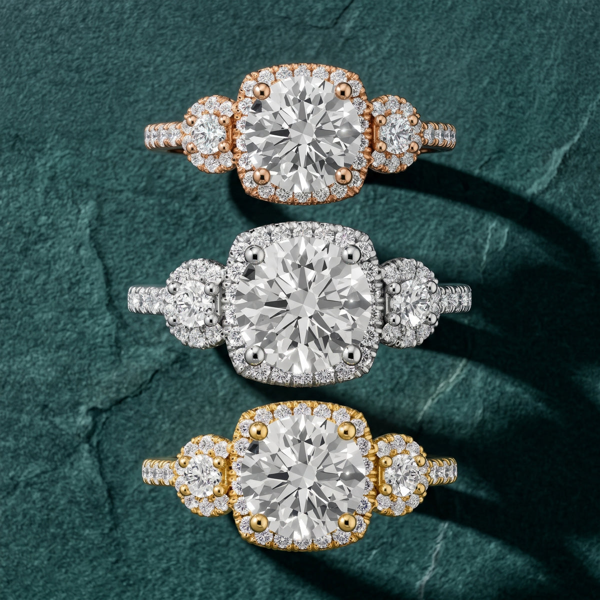 Denver Three-Stone Halo Round Diamond Engagement Ring in Platinum - 3rings.jpg