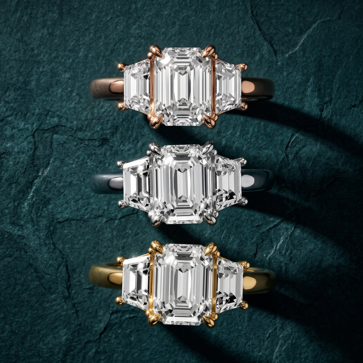 Filippa Trapezoid Three-Stone Emerald Diamond Engagement Ring in White Gold - 3rings.jpg
