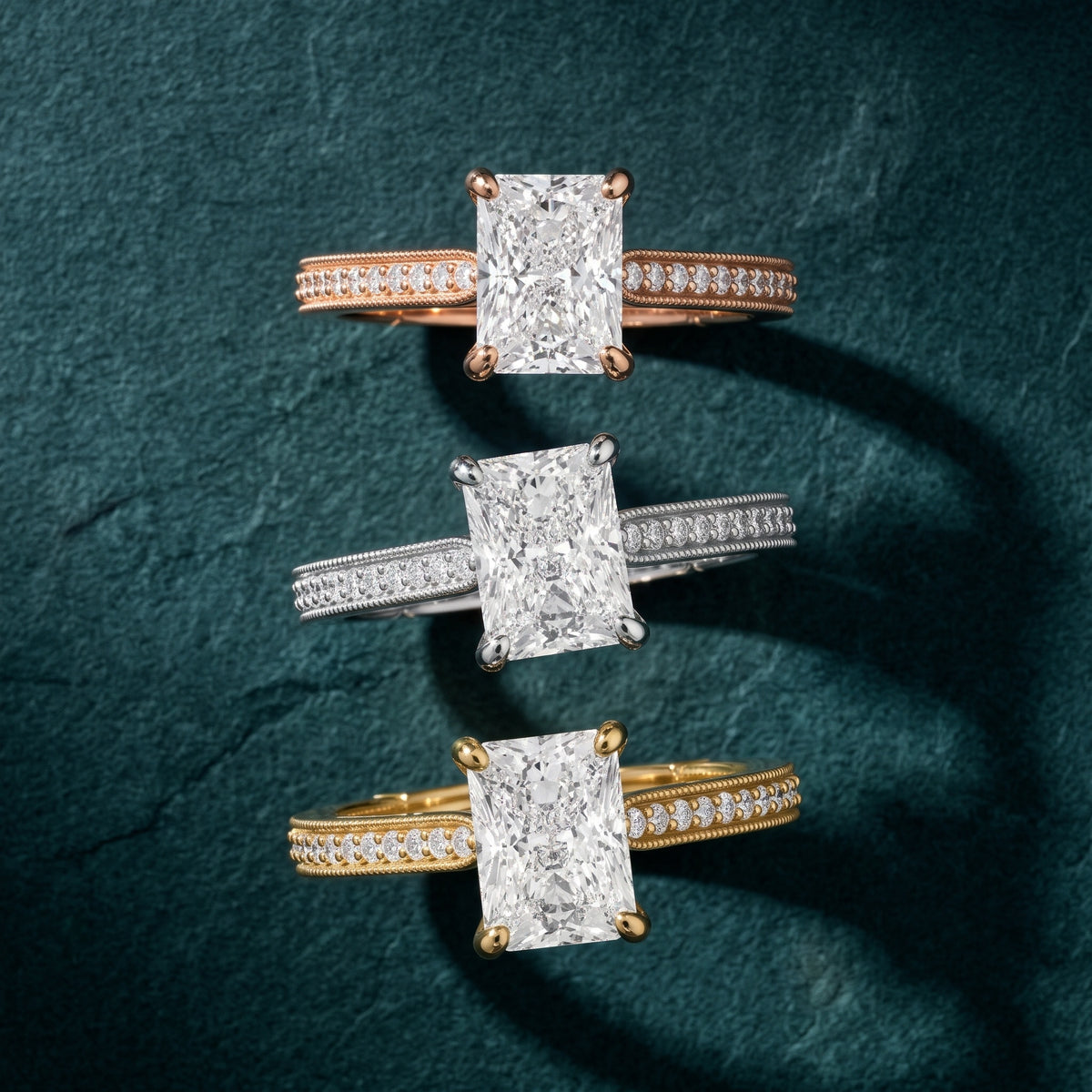 Camellia Milgrain Pavé Radiant Diamond Engagement Ring in Silver - 3rings.jpg