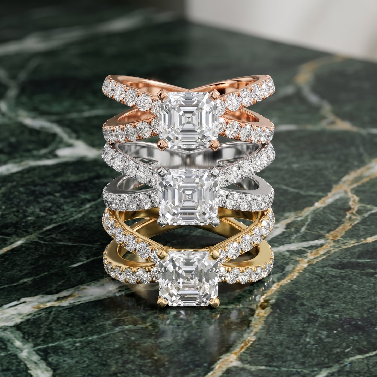 Lior Criss Cross Pavé Asscher Diamond Engagement Ring in Silver - 3rings.jpg