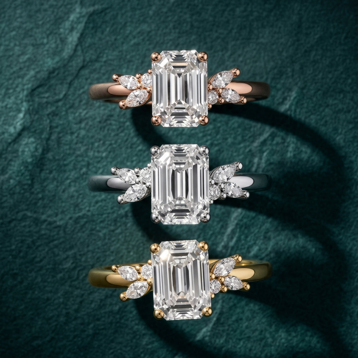 Avon Leaf Cluster Emerald Diamond Engagement Ring in Silver - 3rings.jpg