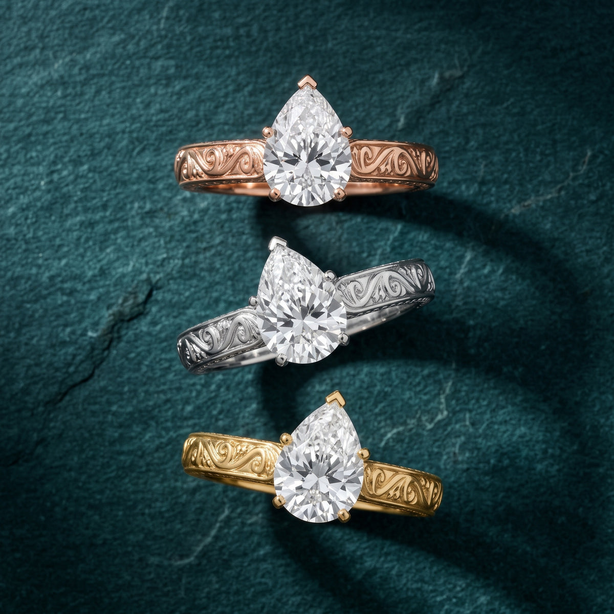 Fia Vintage Engraved Pear Diamond Engagement Ring in Rose Gold - 3rings.jpg