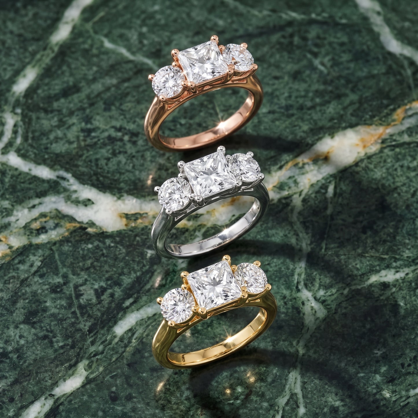 Callie Three-Stone Trellis Princess Diamond Engagement Ring in Rose Gold - 3rings.jpg