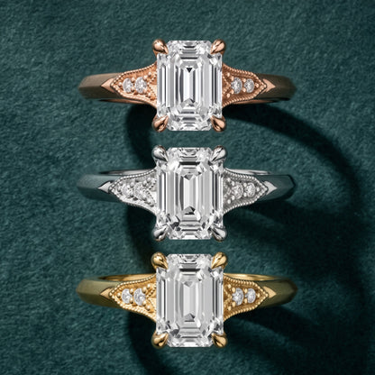 Paisley Milgrain Pavé Emerald Diamond Engagement Ring in White Gold - 3rings.jpg