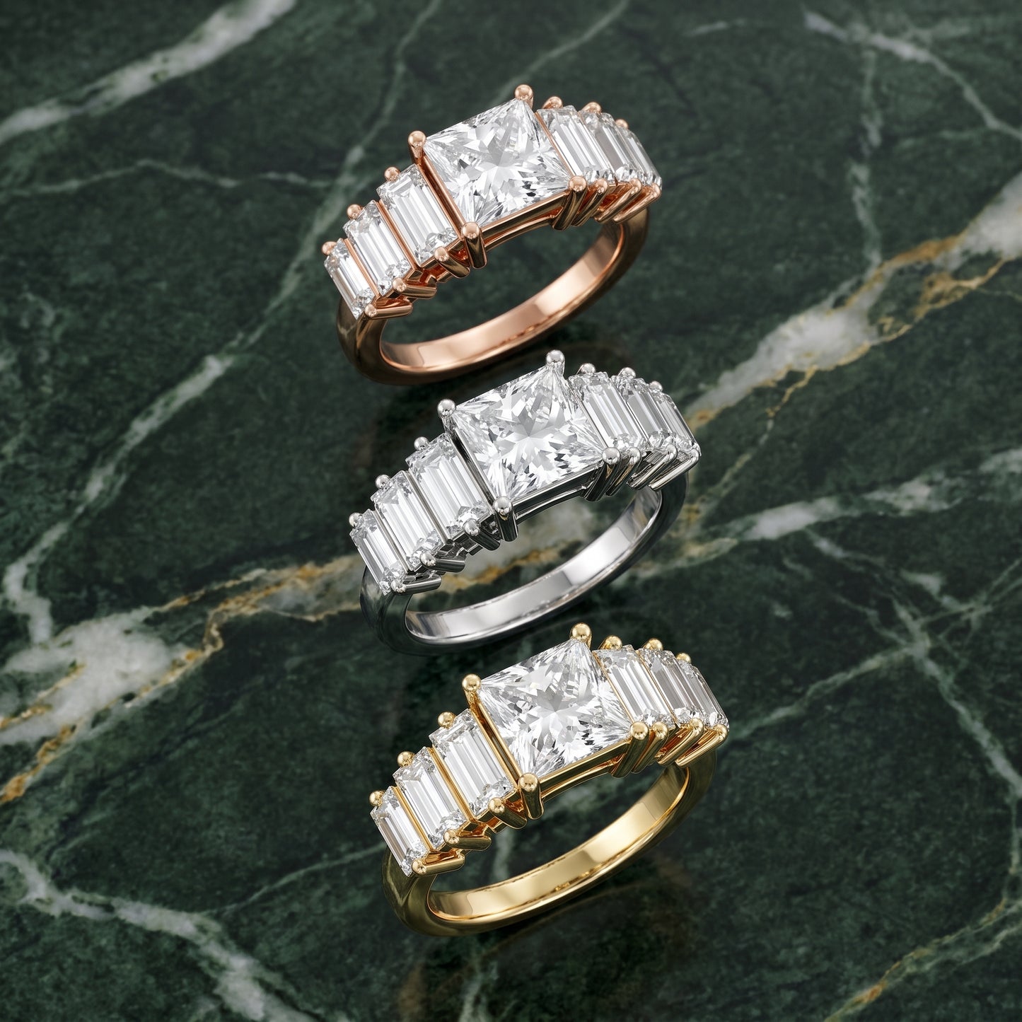 Mara Sidestone Baguette Accent Princess Diamond Engagement Ring in Rose Gold - 3rings.jpg